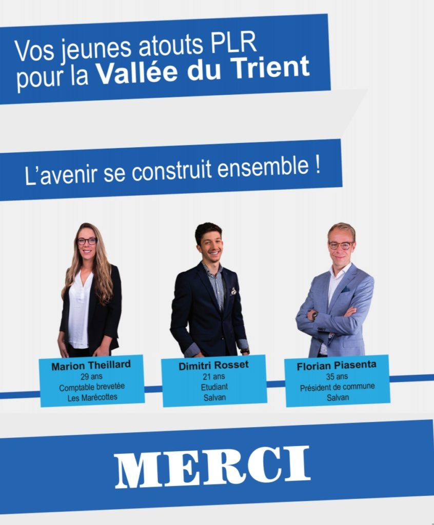 L'avenir se construit ensemble, vos jeunes atouts PLR pour la Vallée du Trient, Marion Theillard, Dimitri Rosset et Florian Piasenta.